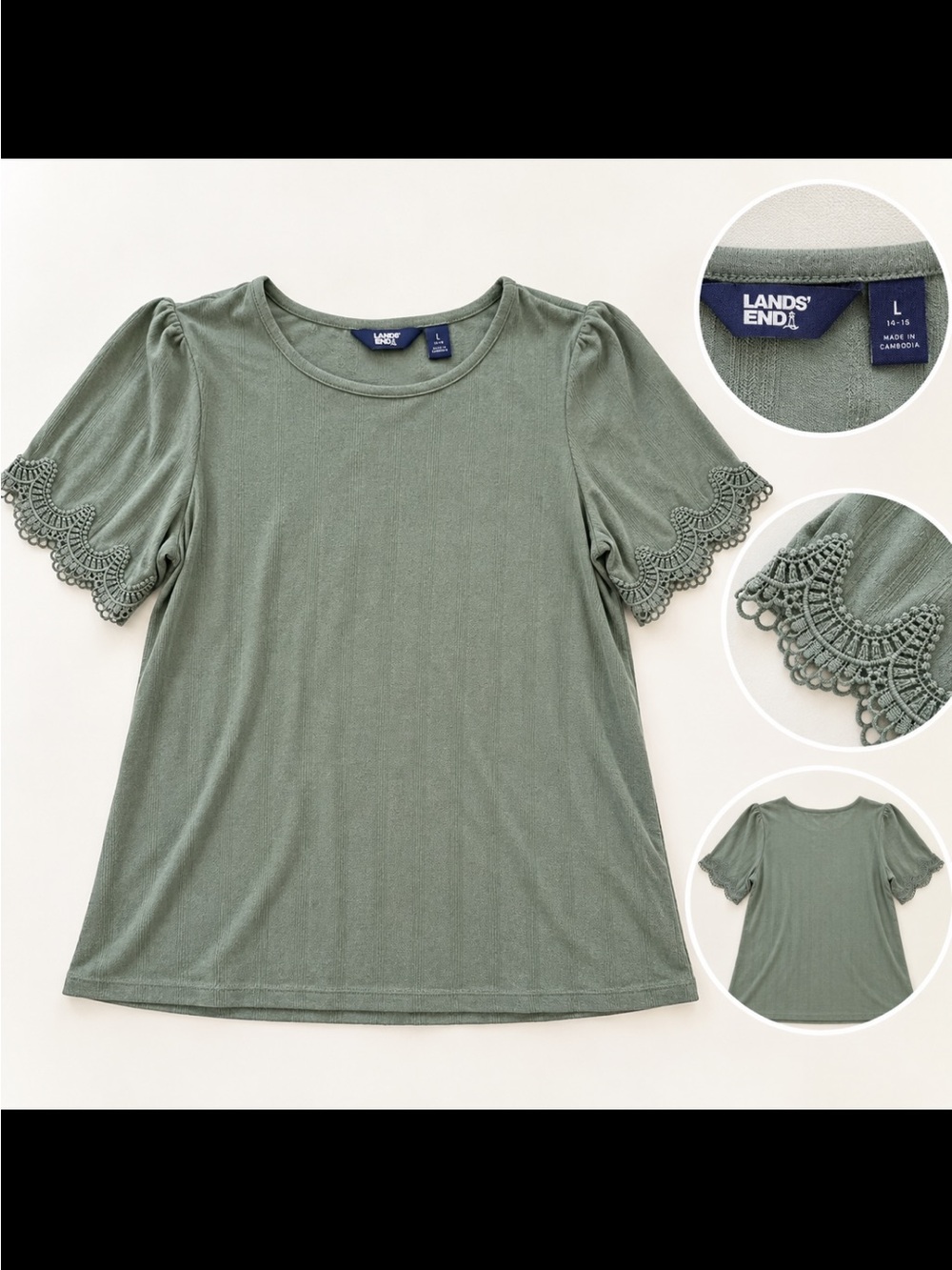 Lands' End Olive Green Puff Sleeve Tee with Crochet Edge